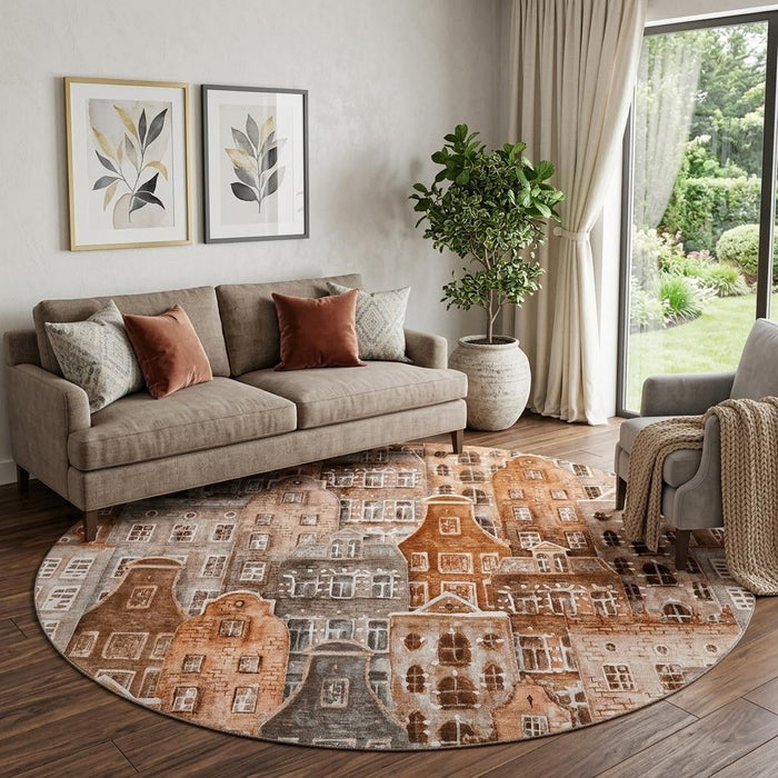 8' Abstract Geometric Washable Round Rug With UV Protection (650881) - Chili Red / Gray / Ivory