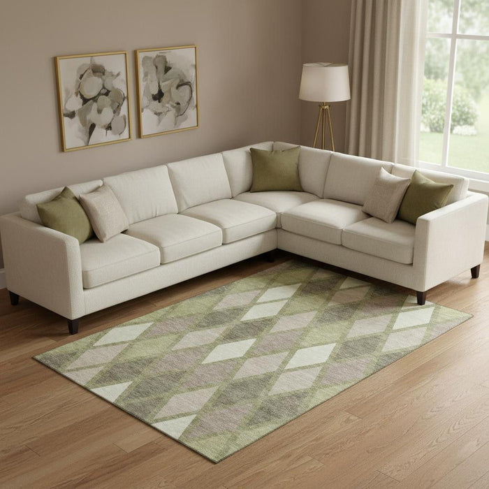 10' X 14' Geometric Washable Area Rug With UV Protection (670447) - Artichoke Green / Taupe / Ivory