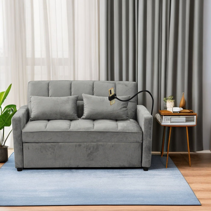 Giga 3-in-1 convertible sleeper sofa bed with modern fabric, adjustable backrest, USB ports, side pockets, cup holders, and swivel phone holder.