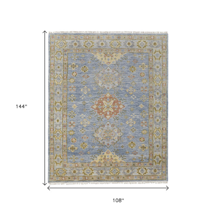 9' X 12' Geometric Hand Knotted Area Rug With Fringe - Blue