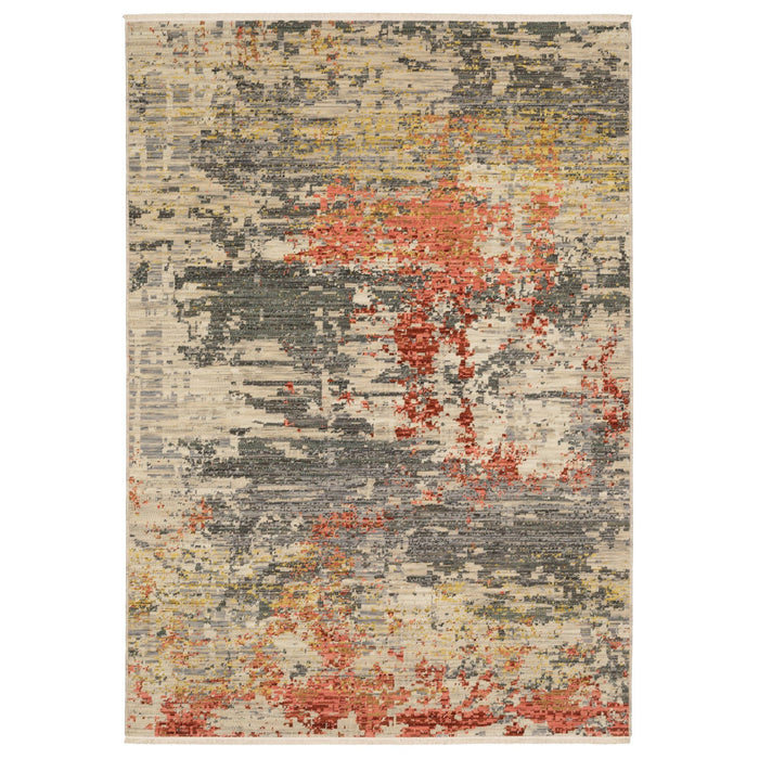 7' X 10' Abstract Area Rug With Fringe - Beige And Pink