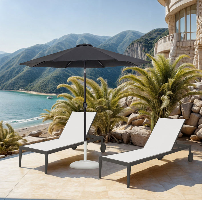 Aluminum patio umbrella by Meridian Furniture with a round white and black base, perfect for outdoor shading and relaxation.