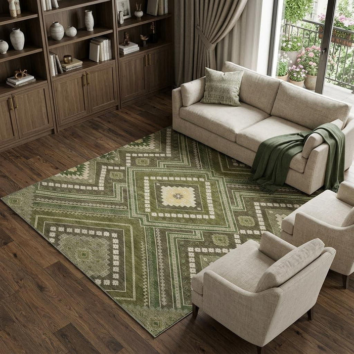10' X 14' Tribal Washable Area Rug With UV Protection (679306) - Olive Green / Ivory / Brown