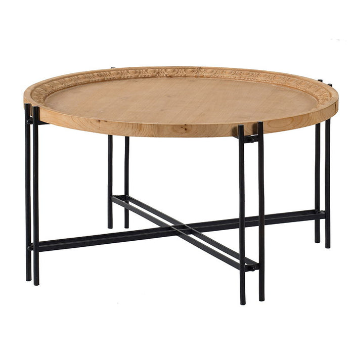 Giga farmhouse round wooden coffee table with black metal legs, featuring a rustic brown finish and modern design.