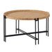 Giga farmhouse round wooden coffee table with black metal legs, featuring a rustic brown finish and modern design.