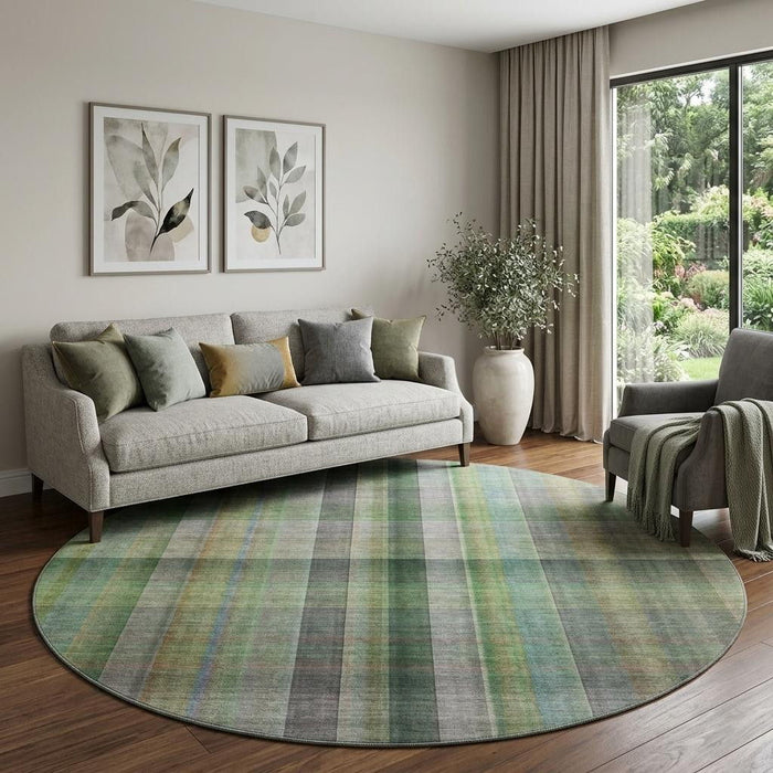 8' Plaid Washable Round Rug With UV Protection (648505) - Green / Gray