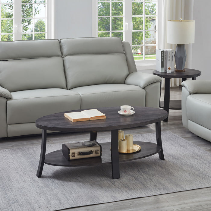 Giga Anze 3-piece contemporary oval coffee table set with charcoal wood finish and open shelf design.