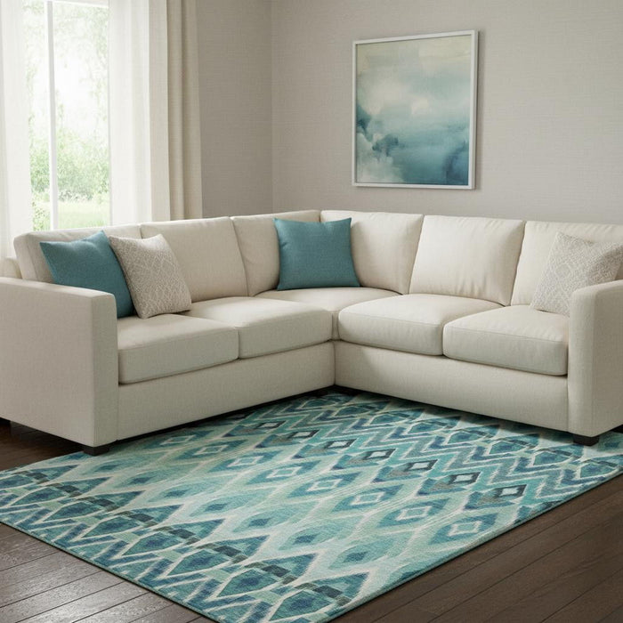 10' X 14' Southwestern Washable Area Rug With UV Protection (651923) - Teal / White / Gray