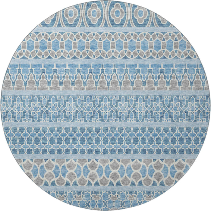 8' Transitional Ikat Washable Round Rug With UV Protection - Sky Blue