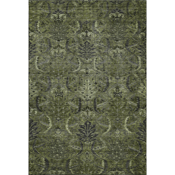 10' X 14' Damask Washable Area Rug With UV Protection (683890) - Olive Green / Charcoal