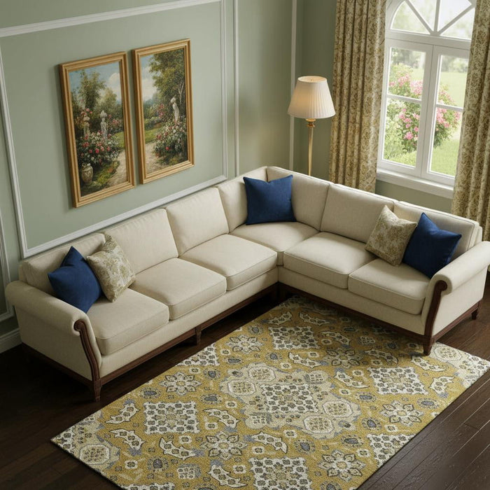 10' X 14' Floral Medallion Washable Area Rug With UV Protection (705845) - Gold / Ivory
