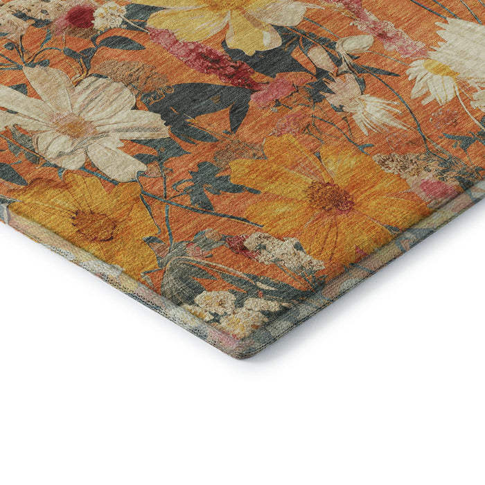 10' X 14' Floral Washable Area Rug With UV Protection (694122) - Orange / Ivory / Pink