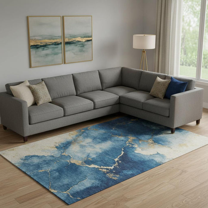 10' X 14' Abstract Washable Area Rug With UV Protection (701497) - Navy Blue / Gold