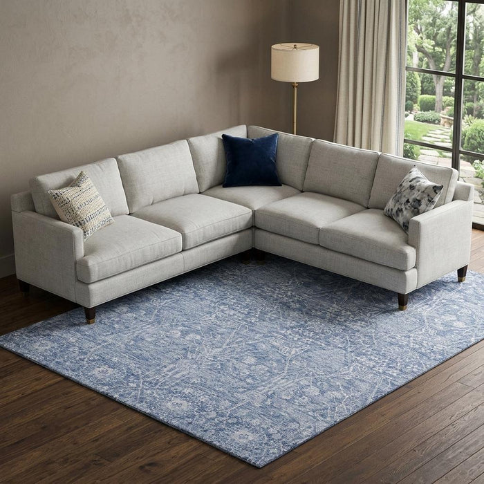 10' X 14' Floral Washable Area Rug With UV Protection (686024) - Denim Blue / Beige