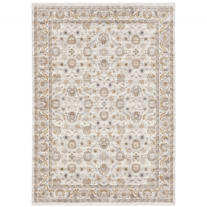 7.9' x 11.2' Oriental Power Loom Stain Resistant Area Rug With Fringe - Ivory And Grey