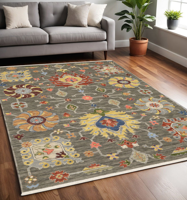5' x 8' Oriental Power Loom Stain Resistant Area Rug With Fringe - Gray Charcoal Yellow Blue Rust Red Pink Green And Ivory