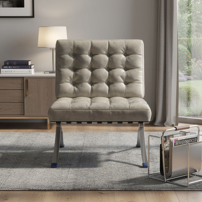 Tufted Faux Leather Stainless Steel Folding Lounge Chair - Gray / Silver