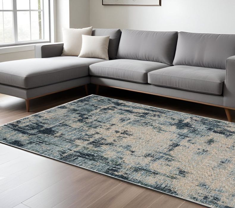 7' X 10' Abstract Distressed Area Rug With Fringe - Beige / Blue