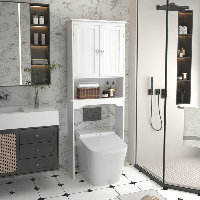 White Giga over-the-toilet linen storage cabinet with adjustable shelf, bathroom space saver and compact design.
