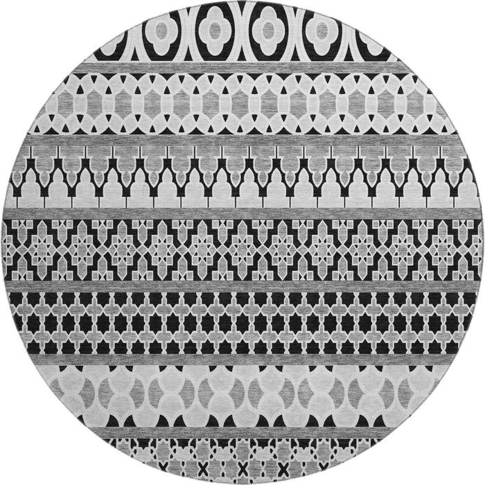 8' Ikat Washable Round Rug With UV Protection - Black And Ivory