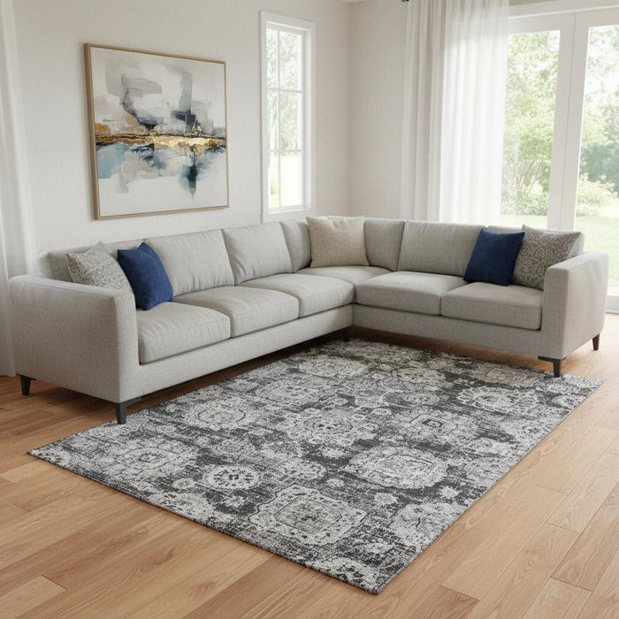9' X 12' Floral Washable Area Rug With UV Protection (653205) - Gray / Ivory