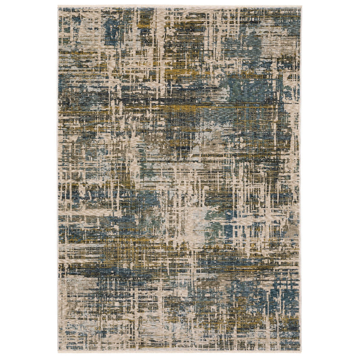 7' X 10' Abstract Distressed Area Rug With Fringe - Blue And Gold