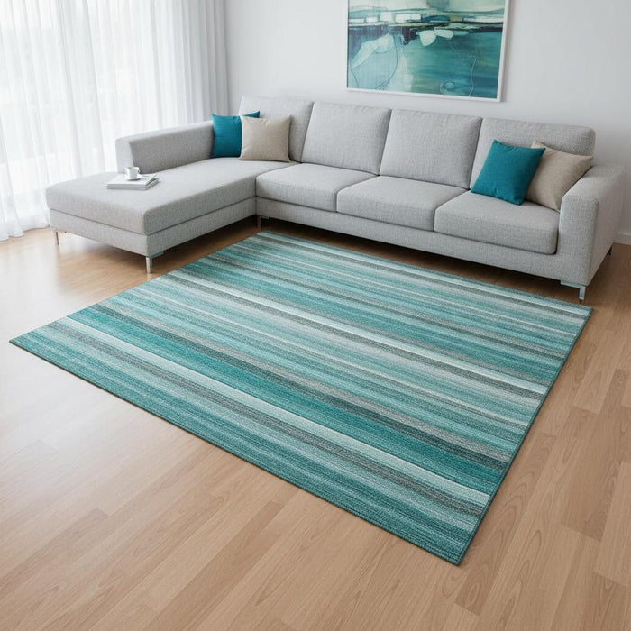 10' X 14' Striped Washable Area Rug With UV Protection (648058) - Teal / Gray / Ivory