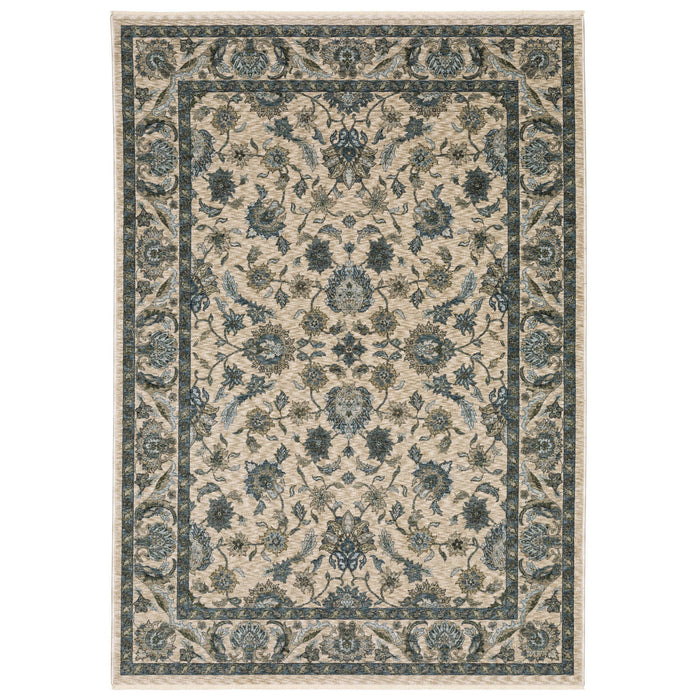 8' X 11' Oriental Area Rug With Fringe - Beige And Blue