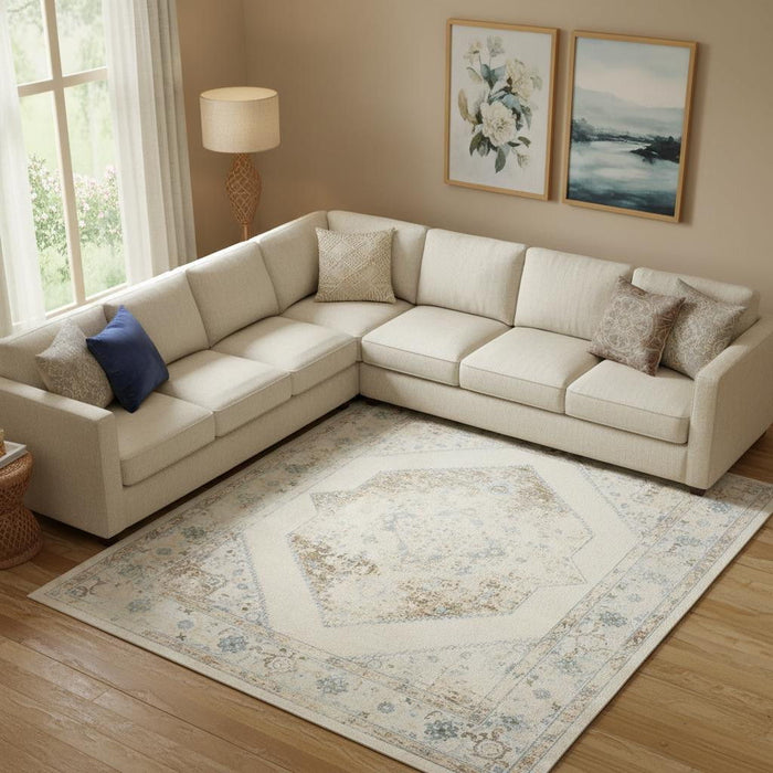 7' X 9' Floral Medallion Area Rug (550270) - Beige / Blue / Ivory