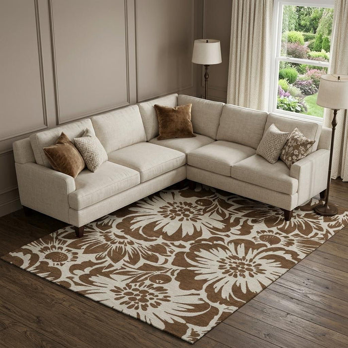 9' X 12' Floral Washable Area Rug With UV Protection (648627) - Brown / Ivory