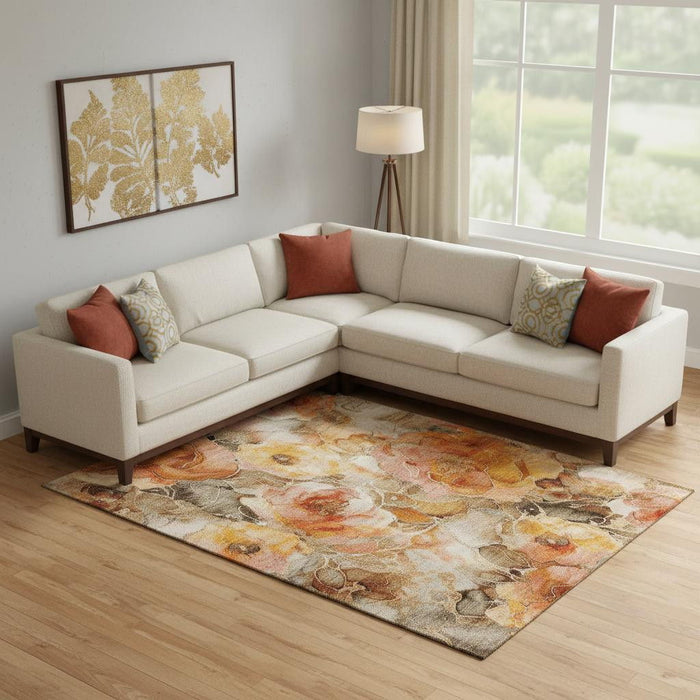 10' X 14' Floral Washable Area Rug With UV Protection (706067) - Orange / Beige / Taupe