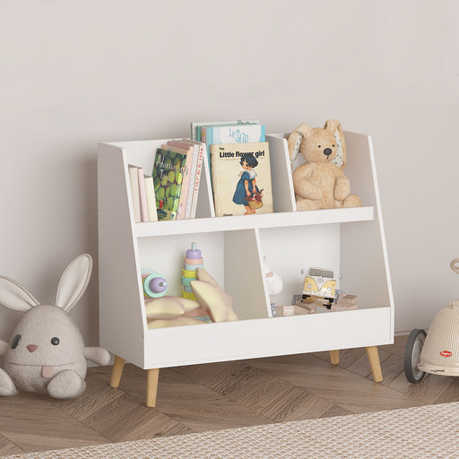 White Giga kids bookshelf with 5 cubbies and 2-tier open storage, standing on legs in a playroom or nursery setting.