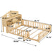 Giga full size Montessori floor bed with bookcases, guard rails, storage headboards, solid wood platform, natural finish, and built-in shelves.
