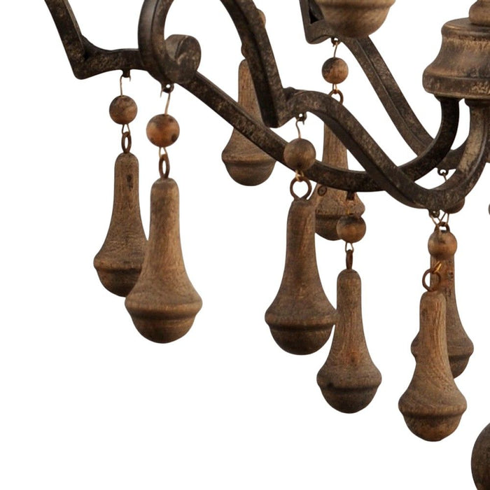 Candle Style Six Light Wood Chandelier - Brown