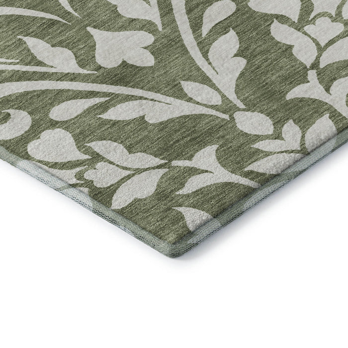 10' X 14' Floral Washable Area Rug With UV Protection (669600) - Fern Green / Beige