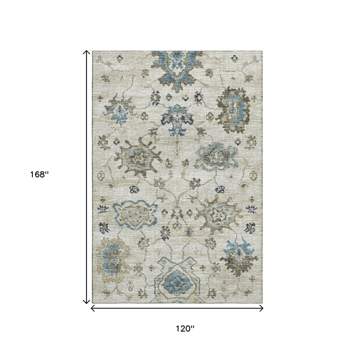 10' X 14' Floral Medallion Distressed Washable Area Rug With UV Protection (644610) - Blue / Ivory / Gray