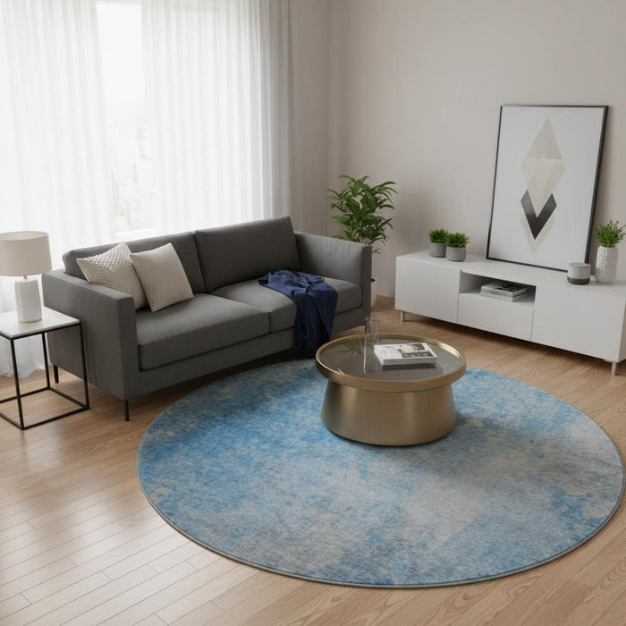 8' Abstract Washable Round Rug With UV Protection (649387) - Blue / Gray