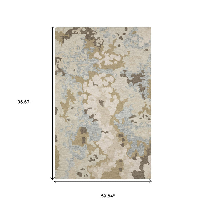 5' X 8' Wool Abstract Hand Tufted Area Rug - Beige And Blue