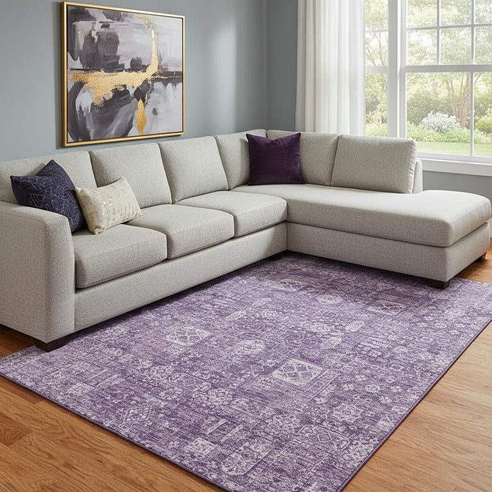 9' X 12' Floral Washable Area Rug With UV Protection (653415) - Purple / Ivory