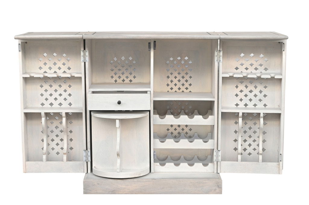 Solid Wood Carved Floral Bar Cabinet With Two Doors One Drawer (727847) - White