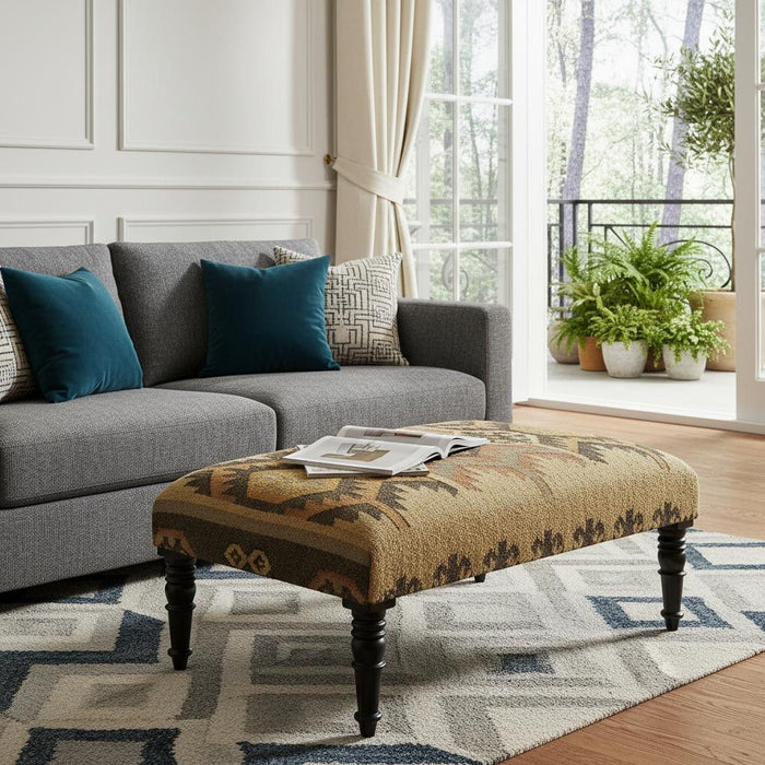 Linen Footstool Ottoman - Brown
