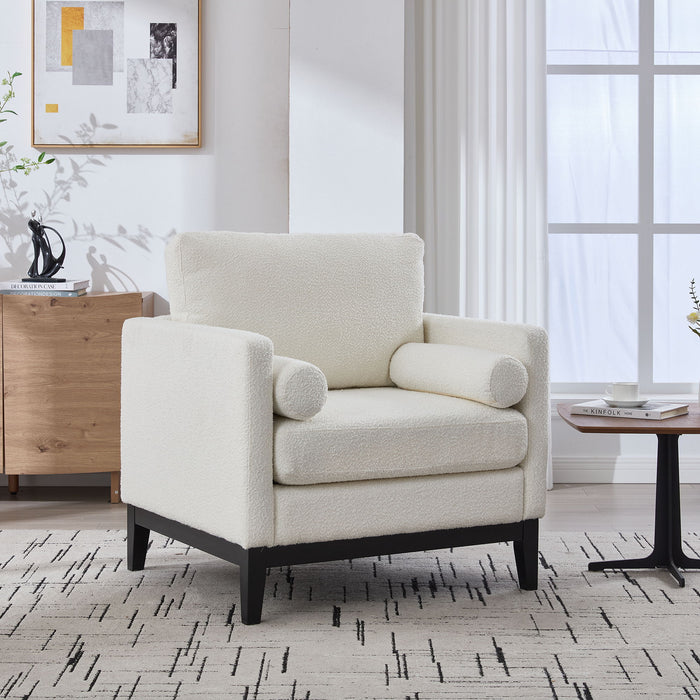 Giga wide modern farmhouse performance armchair with wood legs, featuring a stylish fabric upholstered seat and sturdy wooden base.