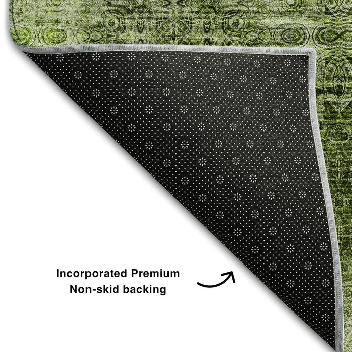 9' X 12' Floral Medallion Distressed Washable Area Rug With UV Protection (648939) - Olive Green / Ivory