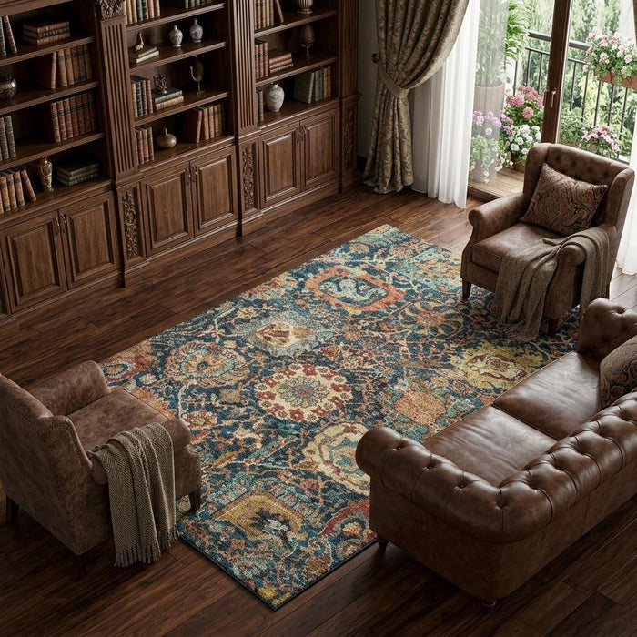 10' X 14' Damask Washable Area Rug With UV Protection (684304) - Navy Blue / Coral / Gold