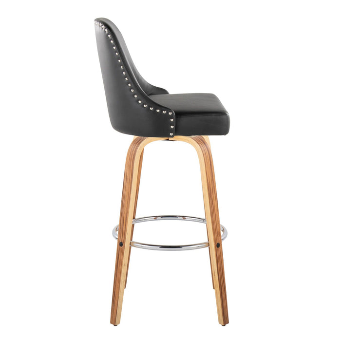 Marcel - 30" Fixed-Height Barstool With Swivel And Round Chrome Metal Footrest (Set of 2) - Zebra Wood And Black Faux Leather With Chrome Nailhead Trim