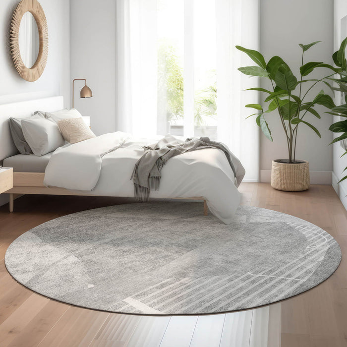 8' Abstract Geometric Washable Round Rug With UV Protection - Gray / Silver