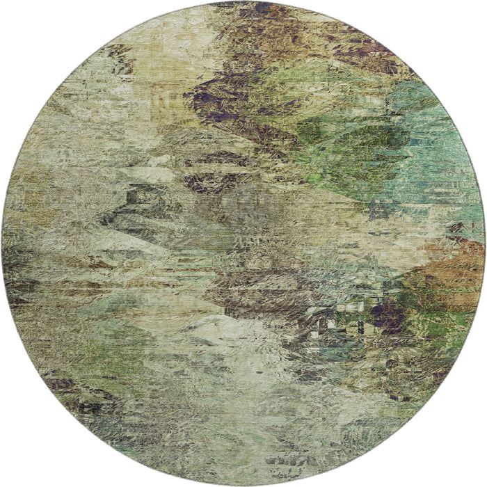 8' Abstract Washable Round Rug With UV Protection (650629) - Beige / Teal / Olive Green