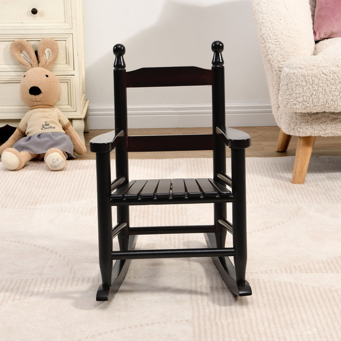 Giga children's indoor/outdoor rocking chair, durable kids' rocker with a sturdy wooden frame and colorful cushioned seat.