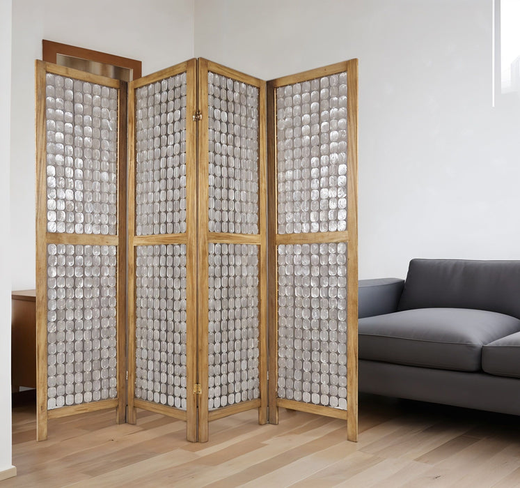 Capiz Mother Of Pearl Folding Three Panel Screen Room Divider - Clear