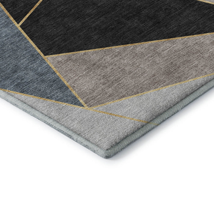 8' Geometric Washable Round Rug With UV Protection (653293) - Blue / Charcoal / Ivory